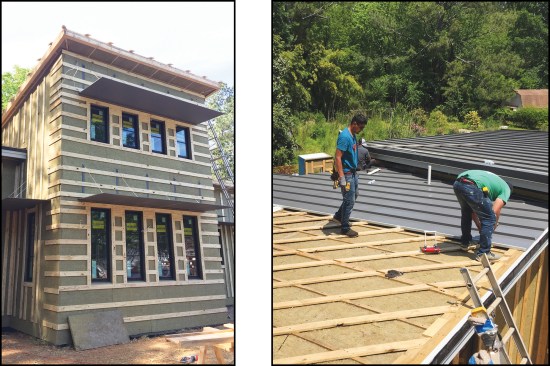 The shell has a continuous blanket of Rockwool. Strapping holds the insulation in place and provides nailing for the siding (above left).The roofers install standing-seam metal roofing over the Rockwool Toprock DD roof insulation.