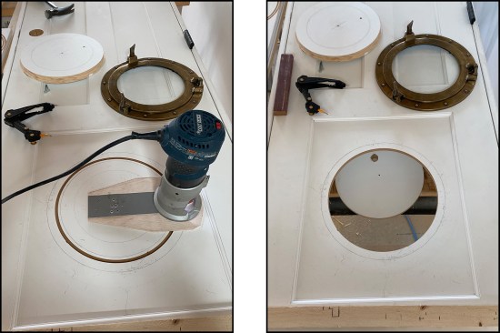 The improvised router jig is pinned to the marked focal point (left); the opening is then cut in a few passes (right).