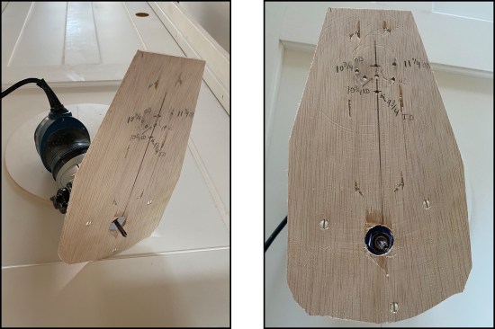Focal points located on the jig via trial and error (left, right).