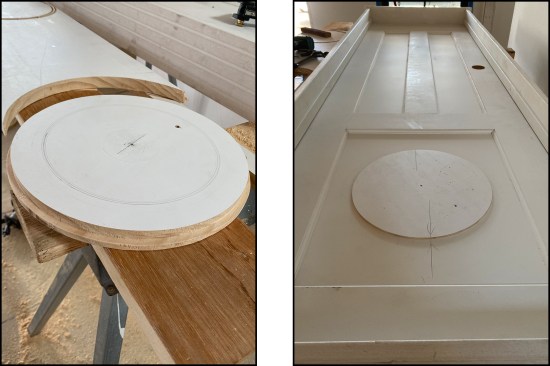 To make the circular trim-out piece, a “trim disk” was cut out of 11 1/4-inch-wide stock (left), then glued into the hole in the basement-stair side of the door (right).
