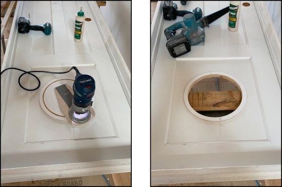 A 9 3/4-inch-diameter hole was routed to create the finish trim-out piece (left, right).