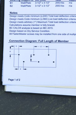 A spec sheet with the LVL beams included a connection diagram and fastening schedule.