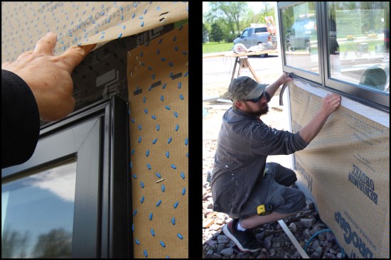 Head and jamb window flanges were taped to the sheathing with Zip flashing tape, then the WRB was installed (photo, left). The Benjamin Obdyke Hydrogap drainable WRB was installed with a 4-inch horizontal (shingle-style) lap and a 6-inch lap at vertical laps. Metal drip cap and Siga Rissan and Fentrim tapes folded onto the sills’ frames (photo, right) were incorporated into the drainable WRB.