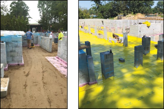 Figure 6. After compacting the sand base (left), workers install the Stego Wrap vapor barrier, carefully cutting and folding it to fit around corners and piers (right).