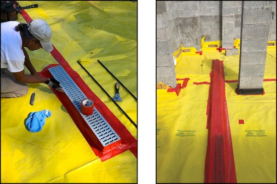 Figure 8. Seams and edges are sealed with red Stego tape, which is also used to protect the linear drain openings during the pour (left, right).