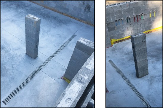 Figure 12. Control joints sawn into the slab control cracking (left), while the author organizes penetrations through the wall by marking them with paint colors that correspond to the local DigSafe code (blue for water, green for sewers and drain lines, red for electrical, yellow for gas lines, and so on) (right).