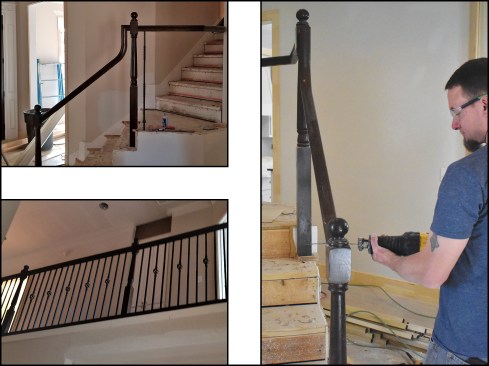 The staircase’s railing was serviceable but dated (left, top), and the homeowners wanted the iron balusters and dark oak ball-top newel posts (left, bottom) replaced with something more contemporary. Workers removed the old rails and balusters but left the turned newel posts in place. The oak ball-tops of the newels were removed (right).