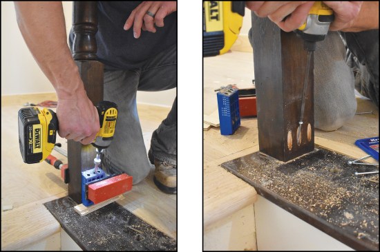 The old newels were reinforced with pocket screws (above left, right).