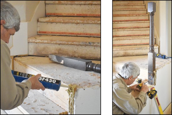 The landing newel post had to be relocated, so the author reinforced the connection with construction adhesive (left) and structural screws driven through the base of the newel post into the framing (right).