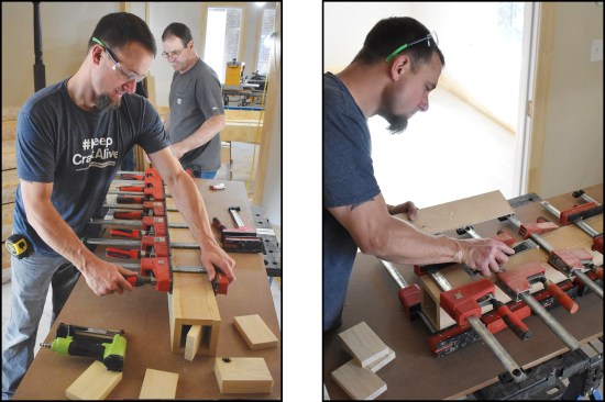 The crew used spacer blocks when clamping the sleeves to ensure they would fit over the old newels (left, right).