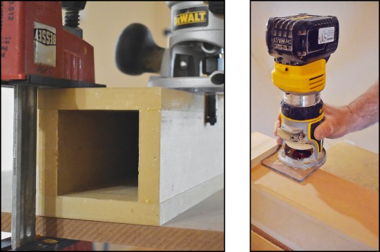 A router with a flush trim bit was used to clean up the glue joints (left), while a 45-degree chamfer bit was used to profile the sleeve corners (right).