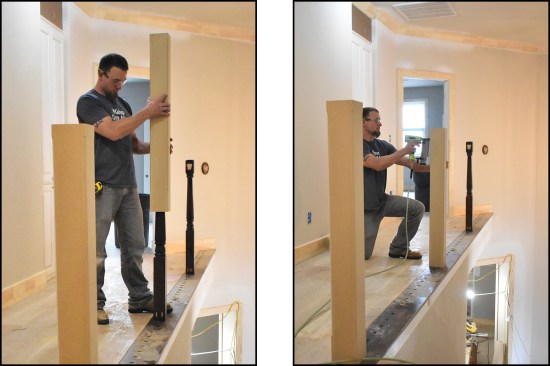 The sleeves fit snugly over the old newel posts (left), then were held in place with a few 18-gauge brads (right).