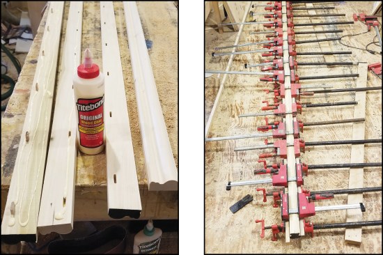 The author milled the poplar handrails in two pieces, then joined them using glue, Festool dominoes, and plenty of clamps (left, right).