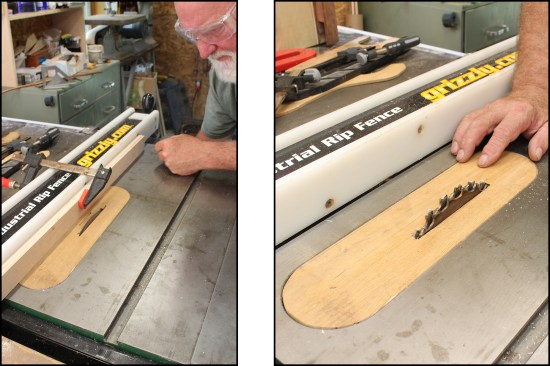 A custom zero-clearance throat plate adds critical full support under small and narrow workpieces, which might otherwise jam dangerously in the gap. Here, a 1/4-inch dado stack is raised through its dedicated plate (left, right).