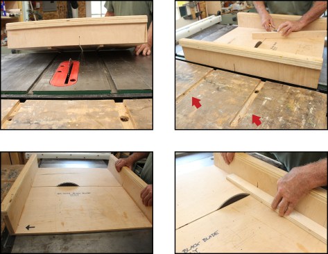 This crosscut sled uses both miter slots, left and right of the blade (top left). The saw’s miter slots are extended onto the outfeed table a fixed distance to prevent excess travel (top right). To avoid distorting the kerf, the sled is best always used with the same saw blade; here, this sled is used with the author’s dedicated crosscut blade, or “black blade” (bottom left). Accurate cuts are as simple as lining up the tick mark with the sled’s kerf (bottom right).
