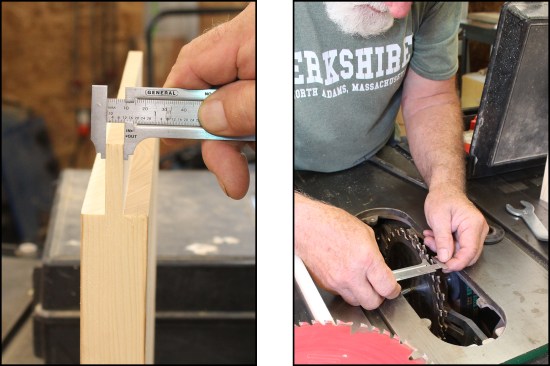 A caliper provides a quick and accurate check on tenon thickness (left). Using the caliper, the author adjusts dado thickness to match the tenon, adding washer-like proprietary thin metal shims between blades and chippers as needed (right).