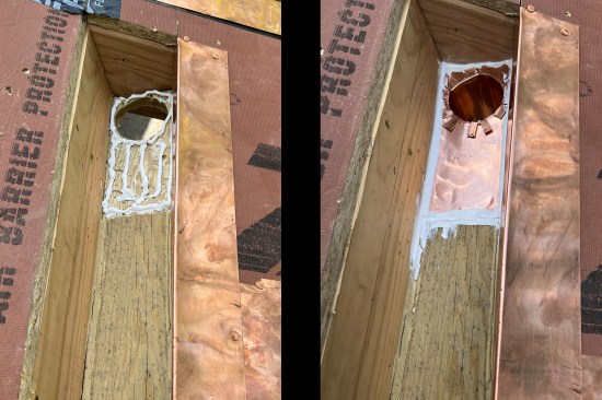 Custom-built copper drop tubes were installed at each end of the gutter (at a 1/8-inch-per-foot slope, the gutter’s depth varied about 1 1/4 inches from the center high point to the outside-end low points). Here, the 1-by trough bottom was routed to plane the flashing in to the rough gutter to avoid ponding (left), then the copper flange was set in sealant (right).