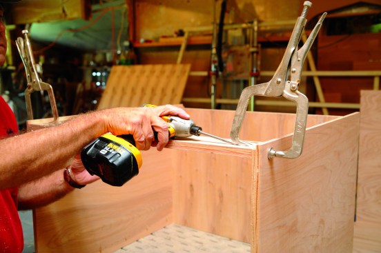 These specialty clamps have a pointed jaw that inserts into a pocket hole to hold the pieces together at right angles.