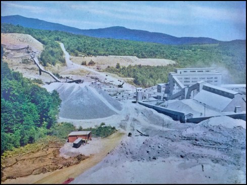 The Lowell Mine mill, circa 1954. Vermont Life Magazine noted in a Spring 1954 article, "Vermont Makes Silk from Stone," that the mine worked “around the clock, six days a week and employed 240 men (and an additional 60 contractors) and just one woman—the office secretary.” And, “On average, six percent of the ore milled is recovered asbestos. The remaining 94 percent is rock waste, accounting for the huge piles of tailings.”