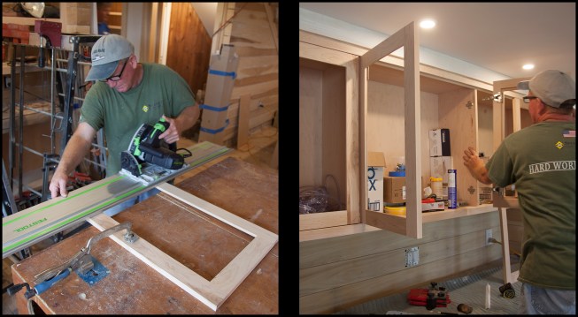 The doors and drawer fronts are ordered the same size as the face-frame opening, then are trimmed to fit with a 3/32-inch margin on all sides. In the photos above, Tim Towle, of Artisan Builders, trims the inset-style doors (which will be glazed later on) for the wall cabinets. Inset doors float entirely inside the face frame, so the margin you see becomes crucial (as opposed to full-overlay or half-overlay doors where you won’t have to worry about a precise margin around the edge of the door relative to the face frame). To help maintain the margin on all sides, Dean cuts precise 3/32-inch-thick slivers of maple that wedge the door in place to help “tune up” the door during installation.
