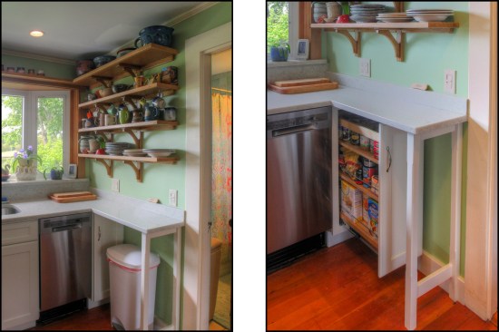 Adding a dishwasher frees up the counter space that had been used for dish draining (left), and extending the quartz countertop creates a mini workstation above a pull-out pantry (right).