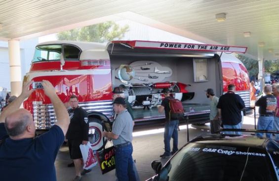 This is one of 12 
Futureliners built by GM in 1939 and 1940. It caught my eye because of its bizarre streamlined shape and the giant bay on the side. The bay was being used to display a jet engine but all I could think was what a nice 
mobile shop it would make. The Futureliners were built for a cross country promotional tour called the Parade of Progress. The vehicle weighs 33,000 pounds and is more than 33 feet long. The driver climbs a narrow internal stairway to an airplane-like cockpit with one seat in front and room for maybe two or three passengers behind.