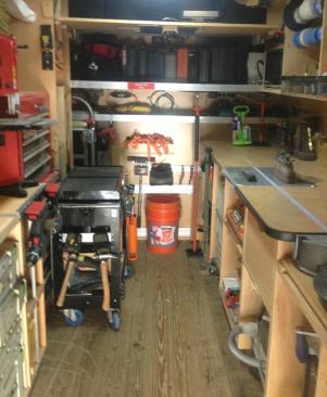 The cart stores in the back of my box truck. To keep cart from rolling around, I had custom brackets made that use long slide bolts to hold it against a built-in cabinet. When the cart is mounted it is plugged into the truck’s inverter so the batteries on it charge on the way to and from the jobsite.