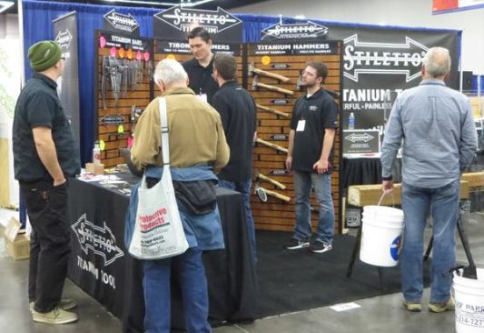 Stiletto Tools was there with a full complement of pry bars and hammers. Most of their hammers are titanium but a few are stainless steel. Handle options include hickory, titanium, and fiberglass. This is another popular booth because they let you bang away with the hammers on a timber attached to some sawhorses.