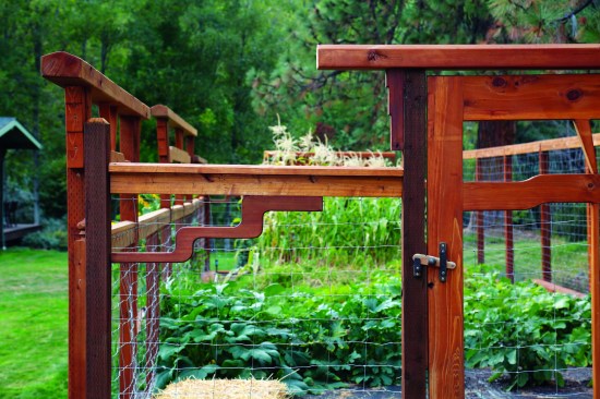 Zig-zag lightning bolt brackets adorn the fence panels on both sides of the gate. Note the hand-crafted gate latch as well as the stand of corn towering over the back gate.