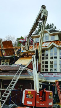 Because the home needed new roofing shingles, and because some sheathing was damaged and needed replacing, the ownersdecided to repair the system from outside.