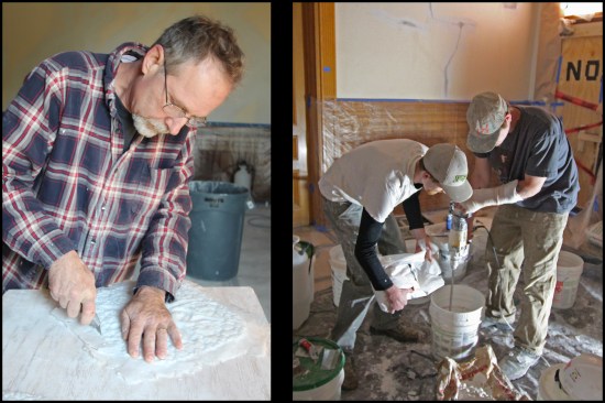 While Ron trimmed up the wax impression (photo, left), William and Derek mixed fast-drying gauging (gypsum) to make the bottom, or saddle, of the mold (photo, right).