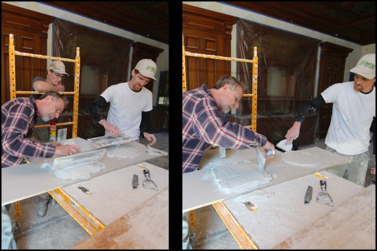 After 20 minutes or so, the saddles were flipped over and their wax negatives were sprayed with cooking oil. A super-hard, highly-refined molding plaster (Hydrocal) was then poured over the wax impressions to make the flat-work pieces. They too were leveled flat, similar to the saddles (photos, above).