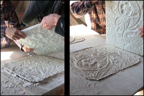 The Hydrocal molding plaster cures quickly. After 5 minutes, the mold’s saddle was removed (photo, left), then the thin, Hydrocal replacement piece (photo, right). The replacement piece is later trimmed down and scribed to the damaged area.