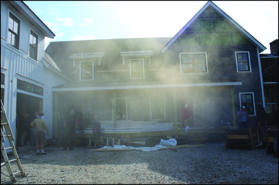With the building pressurized, fog could be seen escaping from two doghouse dormers at their roof-to-wall junctures.