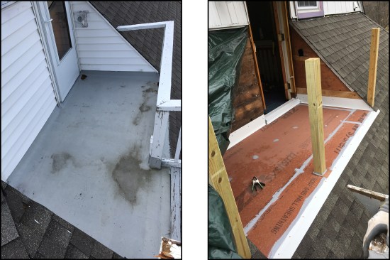 Wind-driven rain caused the home’s walkout deck above living space to leak at the roof-to-wall juncture (left). Instead of sealing the sheathing joints on this small upper-story deck with Zip tape, which would telegraph through the Acrylabs coating, workers troweled on a smooth layer of Sikaflex sealant (right).