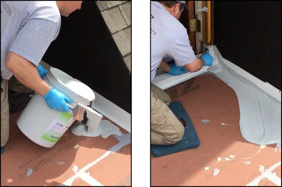Starting out, the base coat material is poured onto the roof (left), then the coating can be applied by brush (right)…