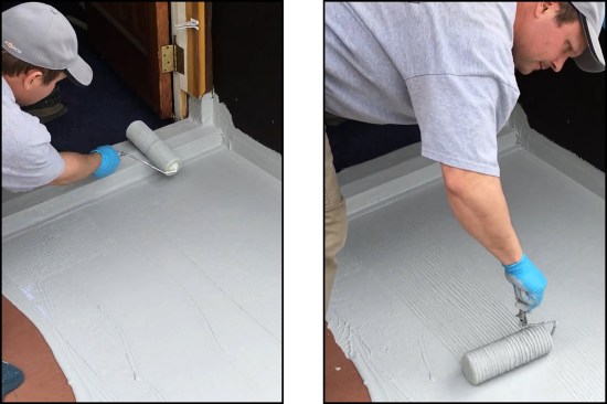 …the saturation coat is roller-applied to the door threshold (left) and main deck areas (right).