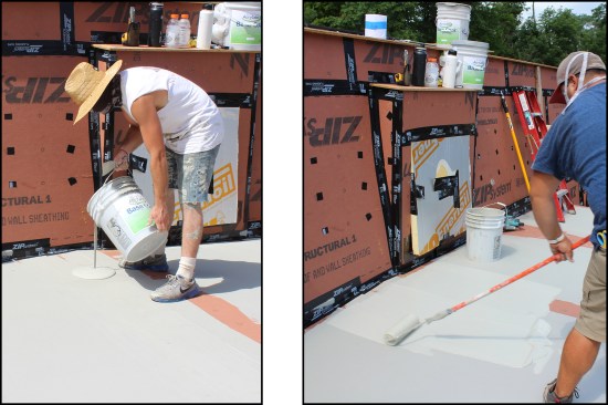 Zip tape was used to seal a roof-to-wall intersection (left). After spreading out the tack coat with a roller (right)…