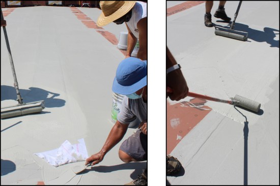 …the base coat tooled with a hand trowel (left) and the point-shaped fabric set in the saturation coat (right).