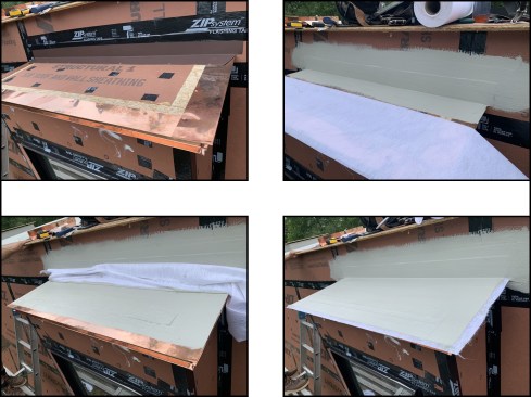 At the home’s mansard-style roof, the Acrylabs system is also applied to numerous small low-slope roofs located above the second-story windows. Here, a shallow 3-inch-wide dado is plowed in the sheathing with a power planer to avoid creating a “speed bump” of material that could cause ponding along the edge of the low-slope roof (top left)—the main roofs were similarly power planed. The base coat with embedded reinforcing fabric is applied over the L-flashing at the wall (top right), then the top edge of the fabric is set, while base coat material is brushed over the sheathing and copper edge flashing (bottom left). The saturation coat is applied (bottom right) and later, the fabric-embedded base is trimmed to the drip edge with cut edges covered with additional reinforcing fabric and base coat to prevent delamination of the roof over time.