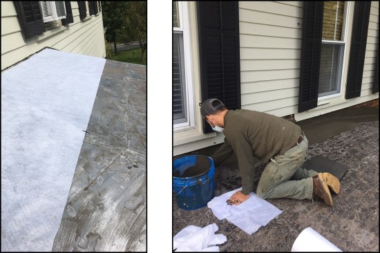 With the roof power-washed and scraped clean, the reinforcing fabric was laid out and precut to fit (left). Starting with the L-flashing at the wall (right), workers applied the base coat (leftover colored ﬁnish coat from another project); the reinforcing fabric was later embedded in the tack coat smooth side up.