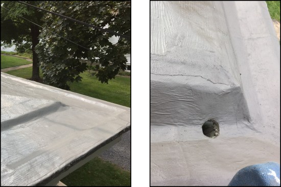 After completing the finish coats (left), workers cut out the hole for the gutter’s downspout, flashing the cut edge with additional fabric and coating material to avoid delamination of the membrane (right).