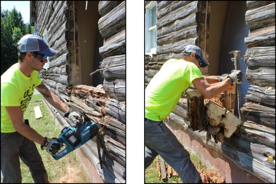 A cordless chain saw was used extensively during demo to cut up the deteriorated white pine logs (left) into manageable pieces to be removed by hand (right, and first photo).