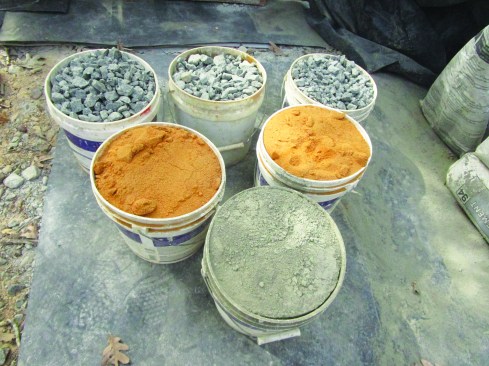 Mixing concrete from scratch involves the combination of portland cement, sand, coarse aggregate (crushed and gradedstone), and water. The industry standard uses a 1-2-3 formula with one part portland cement, two parts sand, and three partsaggregate for a 4,500-psi mix.