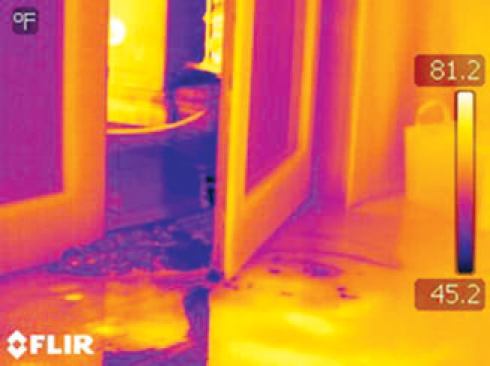 When we opened the door, the IR scanner quickly picked up something that might not have been obvious — the water was flowing out from inside the bottom corner of the door.