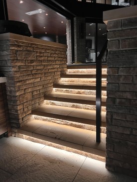 The homeowners chose to make architectural lighting a signature of their new home. LED strip lighting was also incorporated into exterior steps.