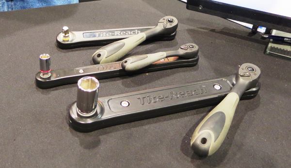 Tite-Reach extension wrenches have been around since 2009 but this is only the second time I have seen them. Designed to extend the reach of a socket wrench, they rely on a chain and two internal gears (1:1 ratio) to transfer power. There are currently three models. The older two (1/4” and 3/8” drive) sell have cast aluminum housings and sell for $42 and $60 respectively. The newest model (3/8” driver) has a plastic body and goes for $25.