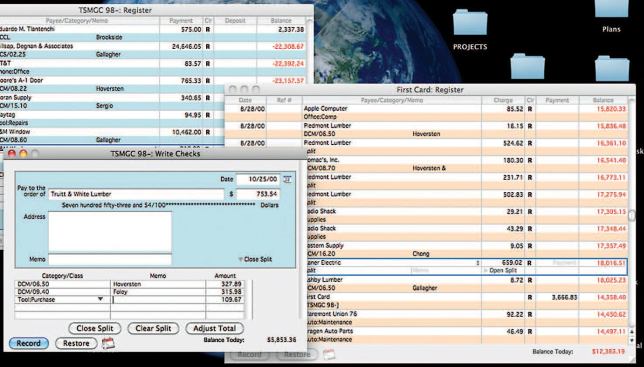 When paying an invoice that applies to more than one job, the author opens a "split" record and indicates how the amount is divided between jobs, listed in the Memo field.