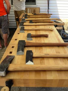 My visit took place during an open house so Lie-Nielsen staff was demonstrating various tools that they sell—including these Swedish-made axes from Wetterlings.