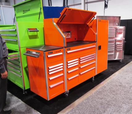 Homak had a big display of tool storage cabinets, including this orange unit made by combining multiple components from their Big Dog series. I like everything about it, especially